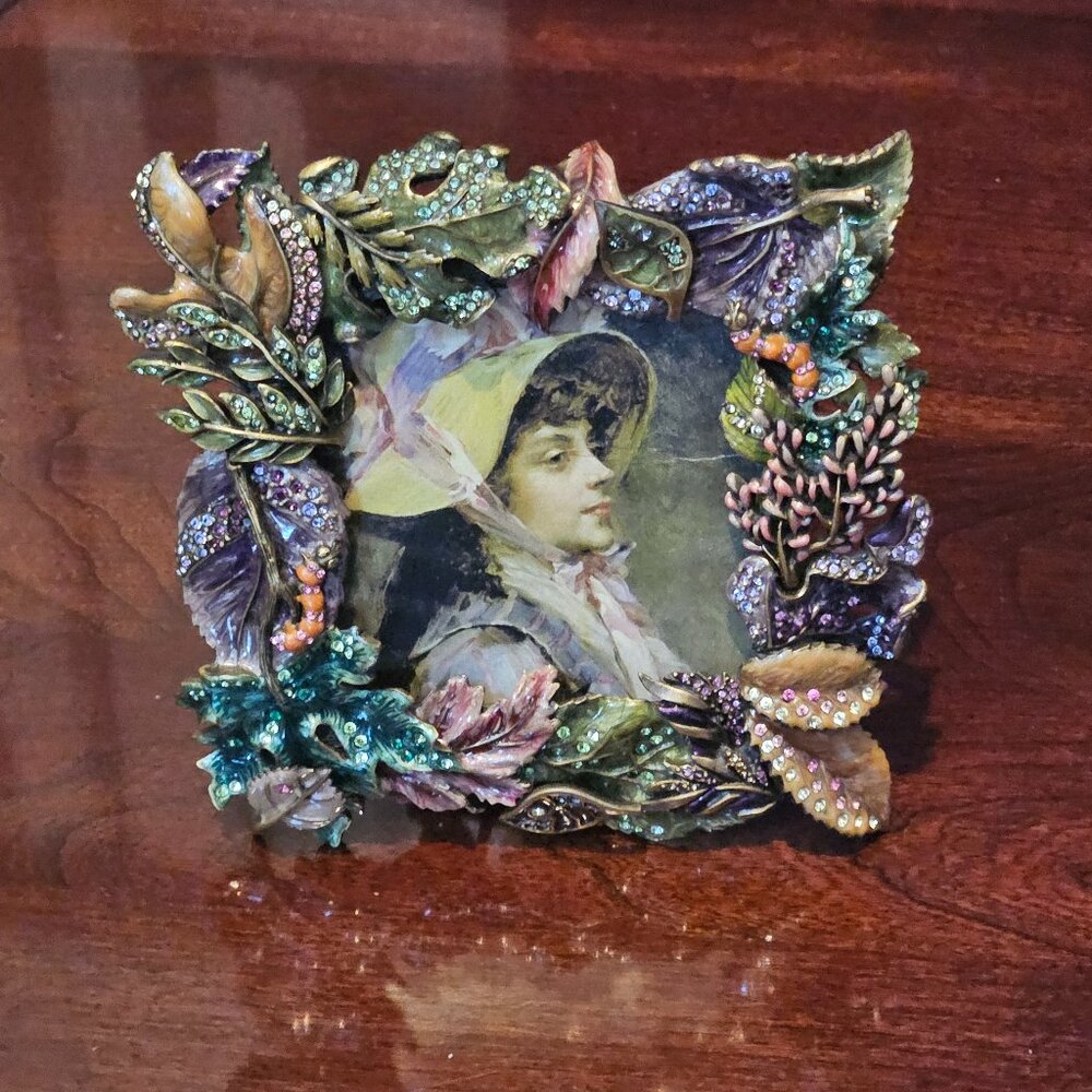 RARE JAY STRONGWATER SPRING SUMMER FLOWER LEAF CRYSTAL ENAMEL SQUARE FRAME
